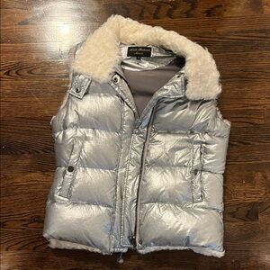 linda richard Silver Puffer Vest with Faux Fur Collar